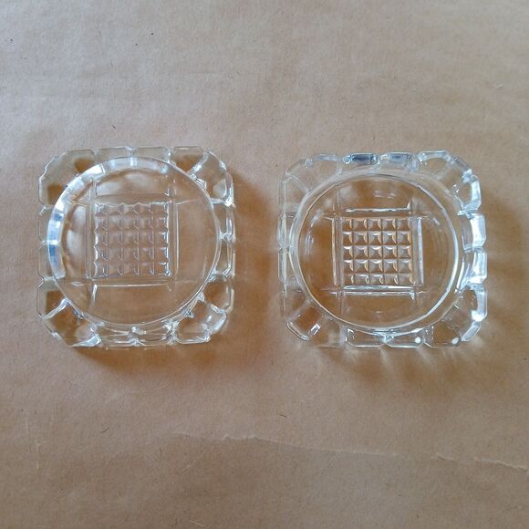 2 Vintage Clear Hazel Atlas Depression Glass Ashtrays Coasters Waffle Stackable - Picture 4 of 5